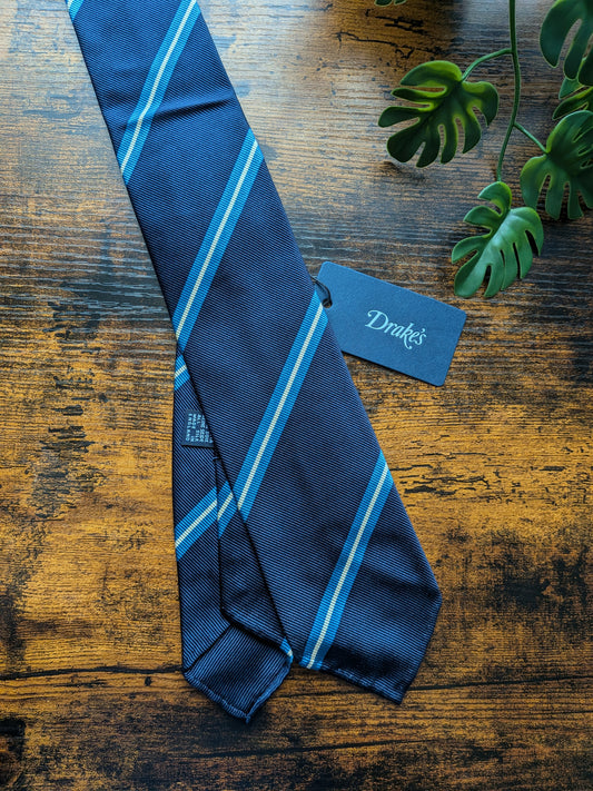 Drake's Navy, Blue and White Striped Handmade Silk Tie With Tag