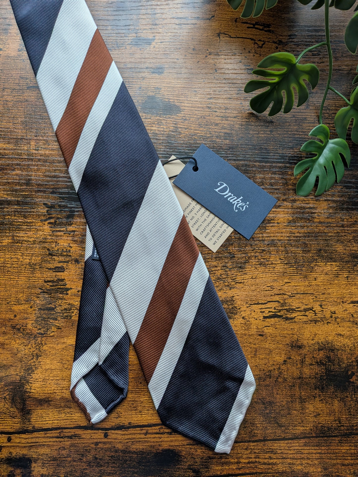 Drake's Navy, Brown and White Striped Handmade Silk Tie With Tag