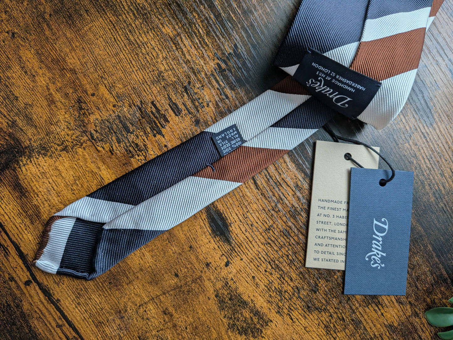 Drake's Navy, Brown and White Striped Handmade Silk Tie With Tag