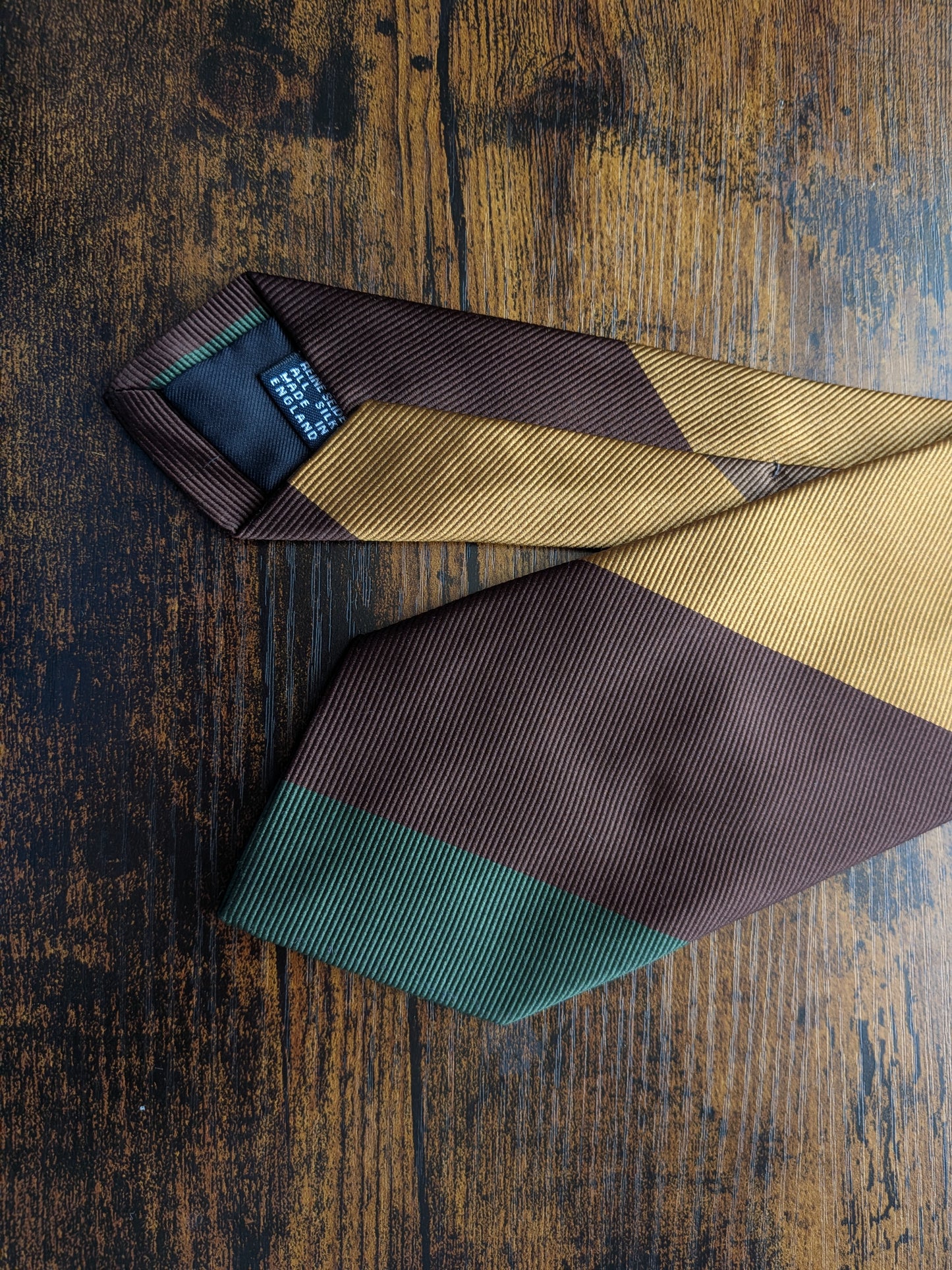 Drake's Green, Brown and Yellow Striped Handmade Silk Tie With Tag