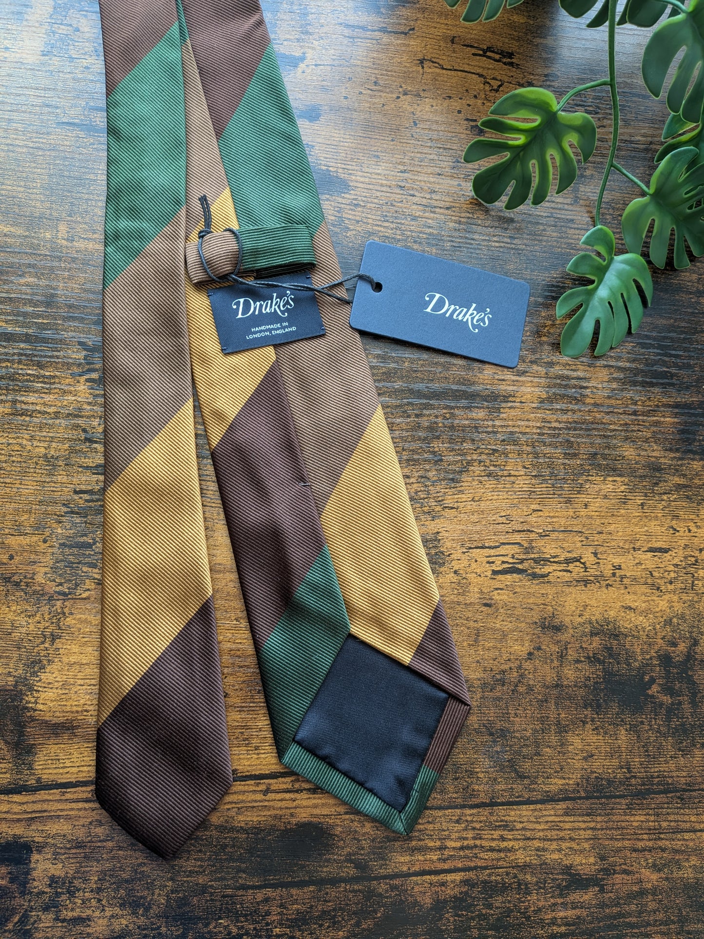 Drake's Green, Brown and Yellow Striped Handmade Silk Tie With Tag