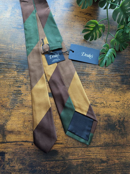 Drake's Green, Brown and Yellow Striped Handmade Silk Tie With Tag