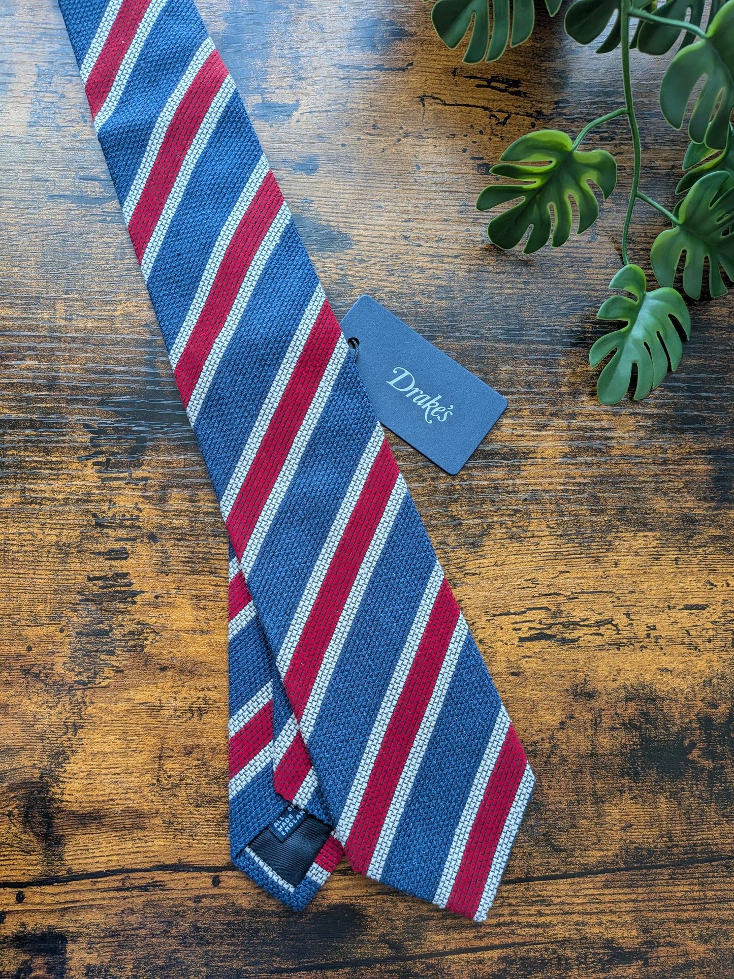 Drake's Blue, Burgundy and White Striped Handmade Silk Tie With Tag