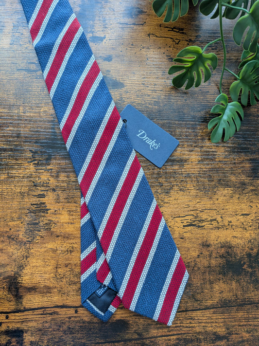 Drake's Blue, Burgundy and White Striped Handmade Silk Tie With Tag