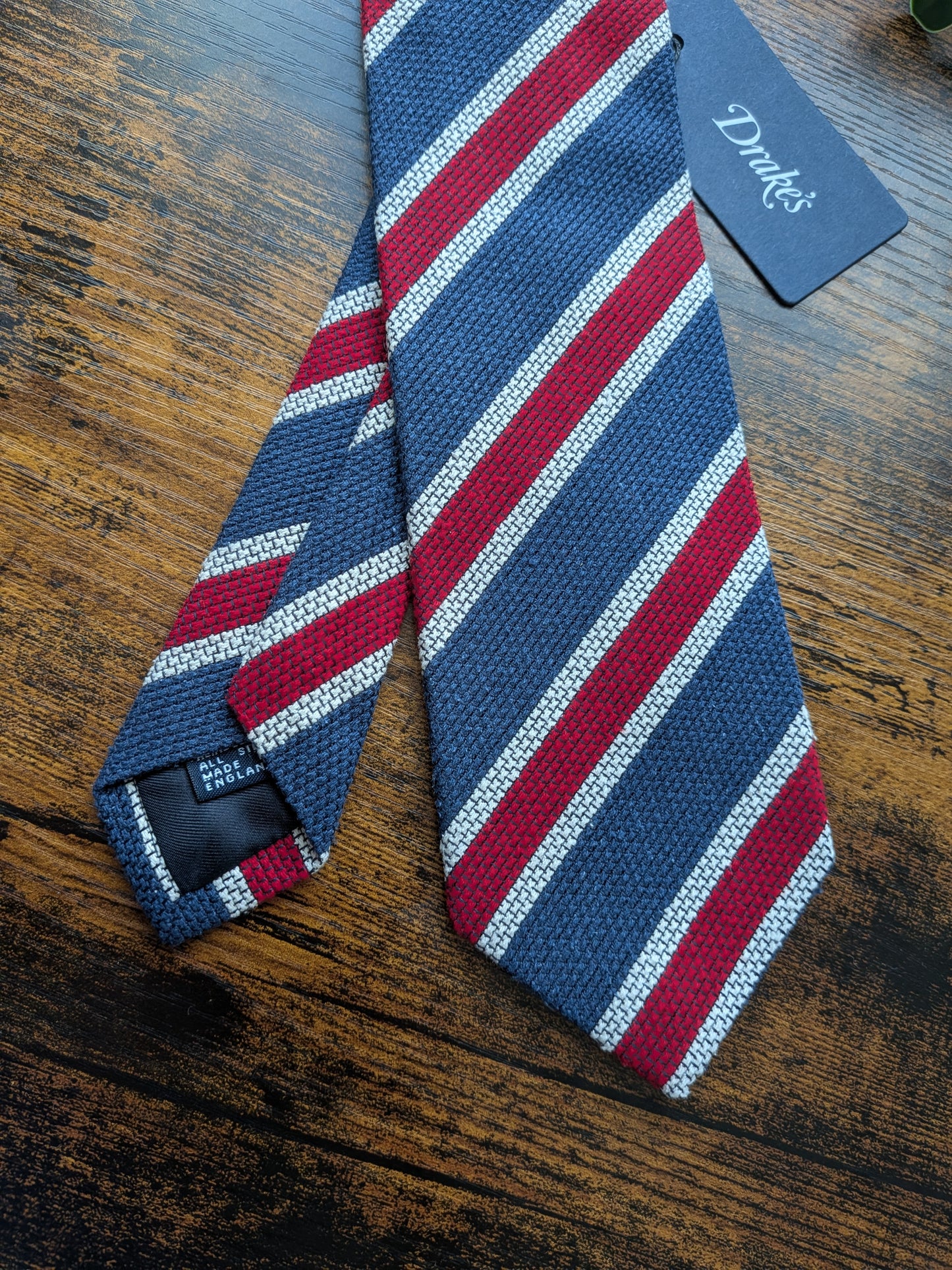 Drake's Blue, Burgundy and White Striped Handmade Silk Tie With Tag