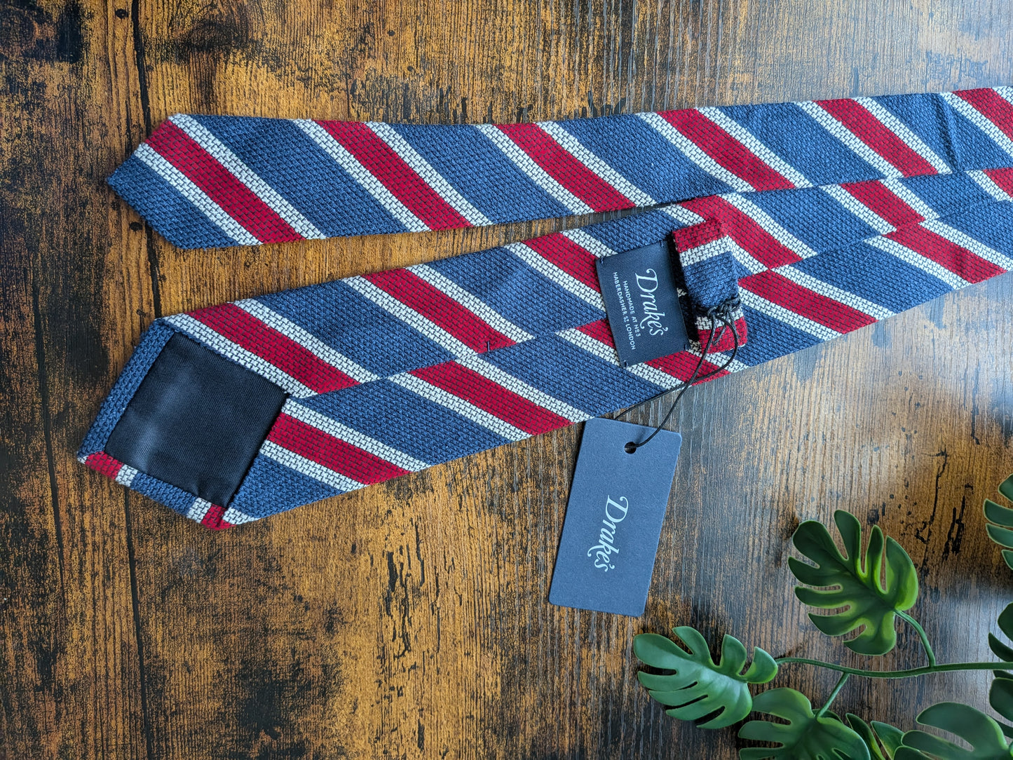 Drake's Blue, Burgundy and White Striped Handmade Silk Tie With Tag