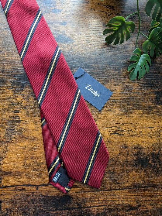 Drake's Red, Navy and Yellow Striped Handmade Silk Tie With Tag