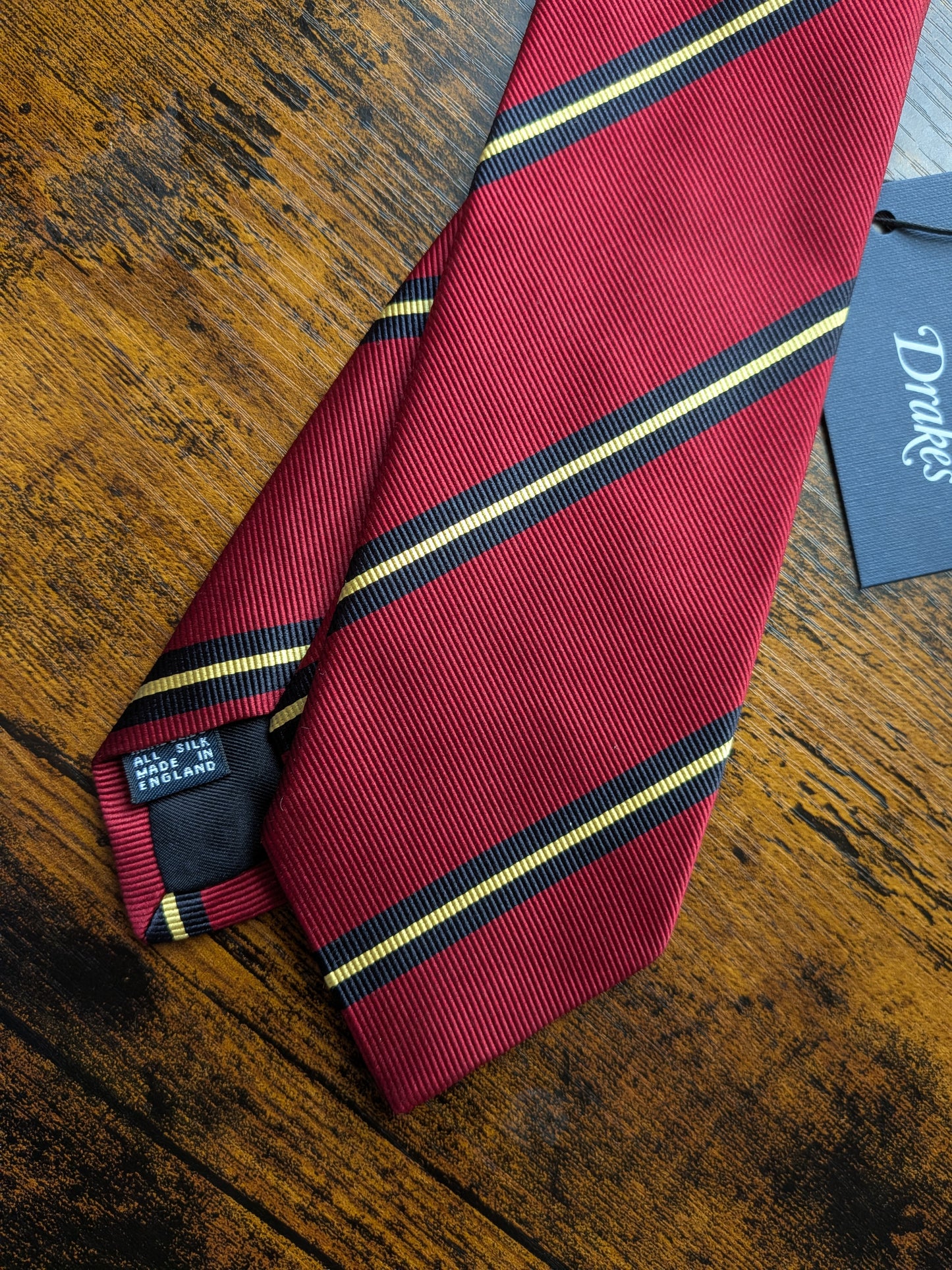 Drake's Red, Navy and Yellow Striped Handmade Silk Tie With Tag