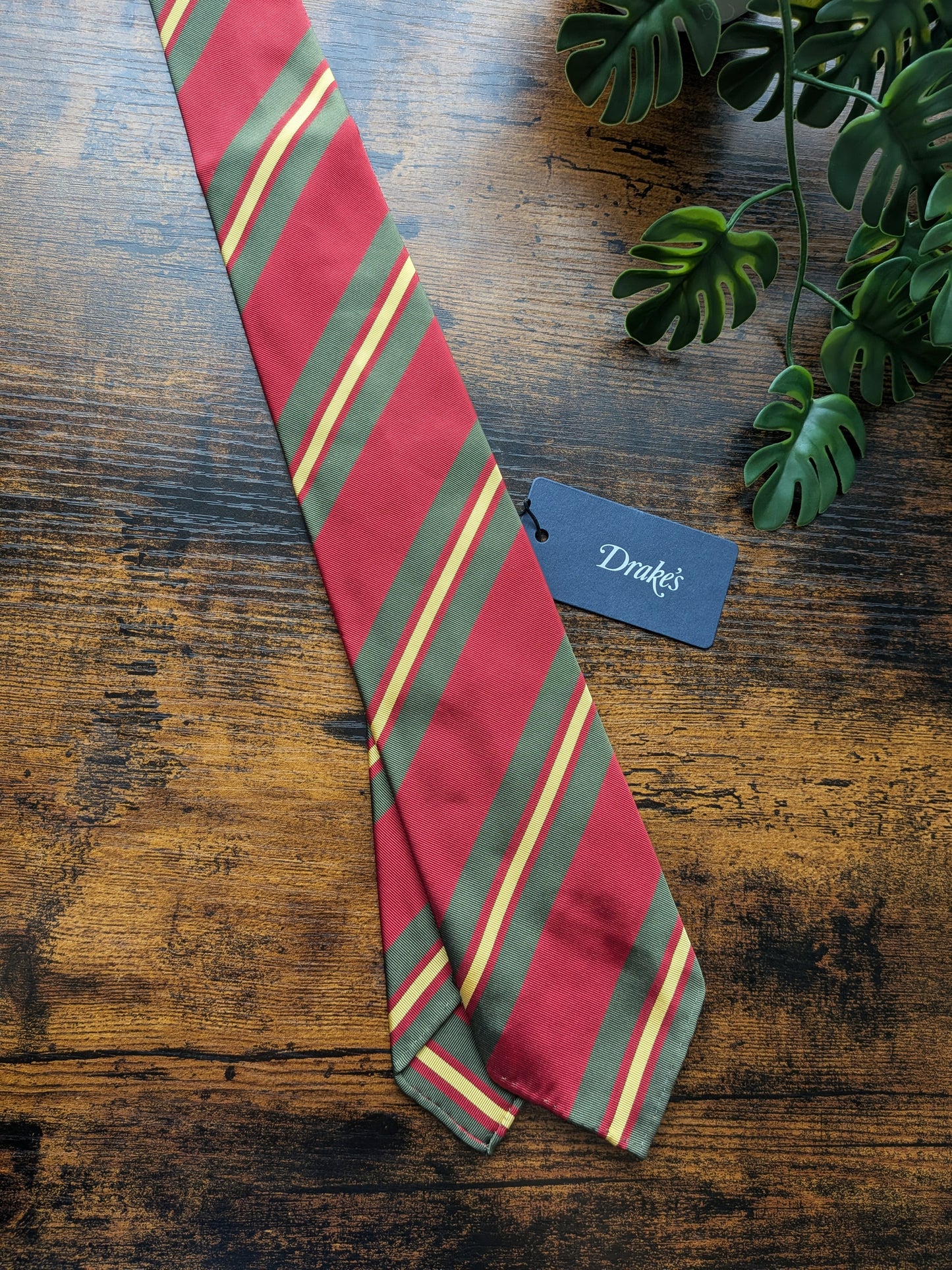 Drake's Red, Khari and Yellow Striped Handmade Silk Tie With Tag