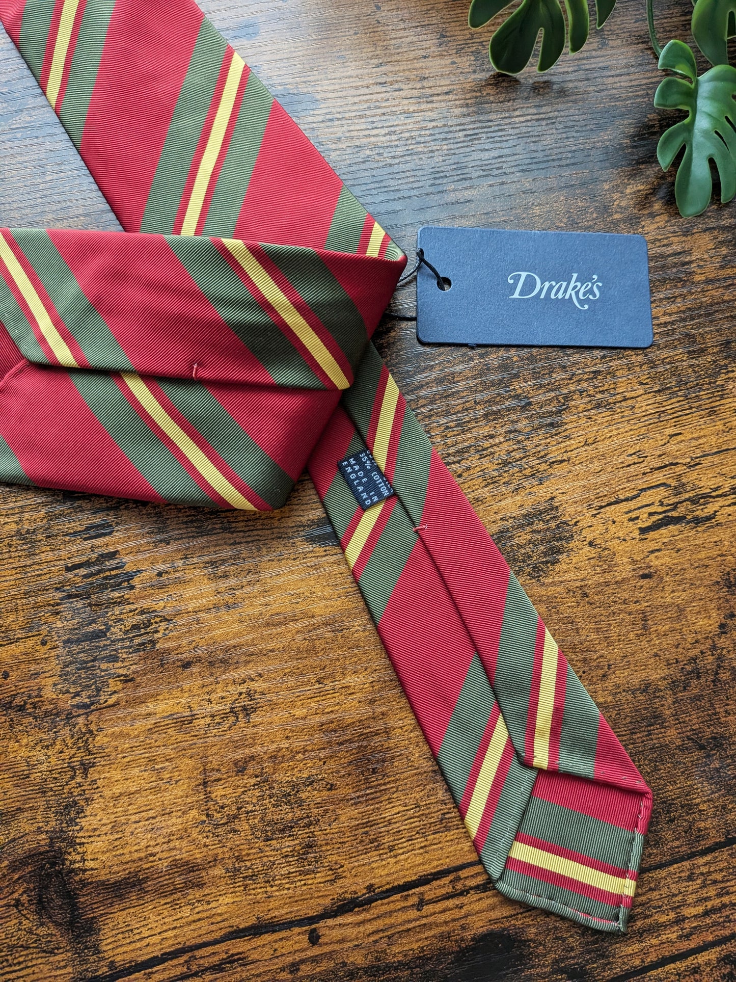 Drake's Red, Khari and Yellow Striped Handmade Silk Tie With Tag
