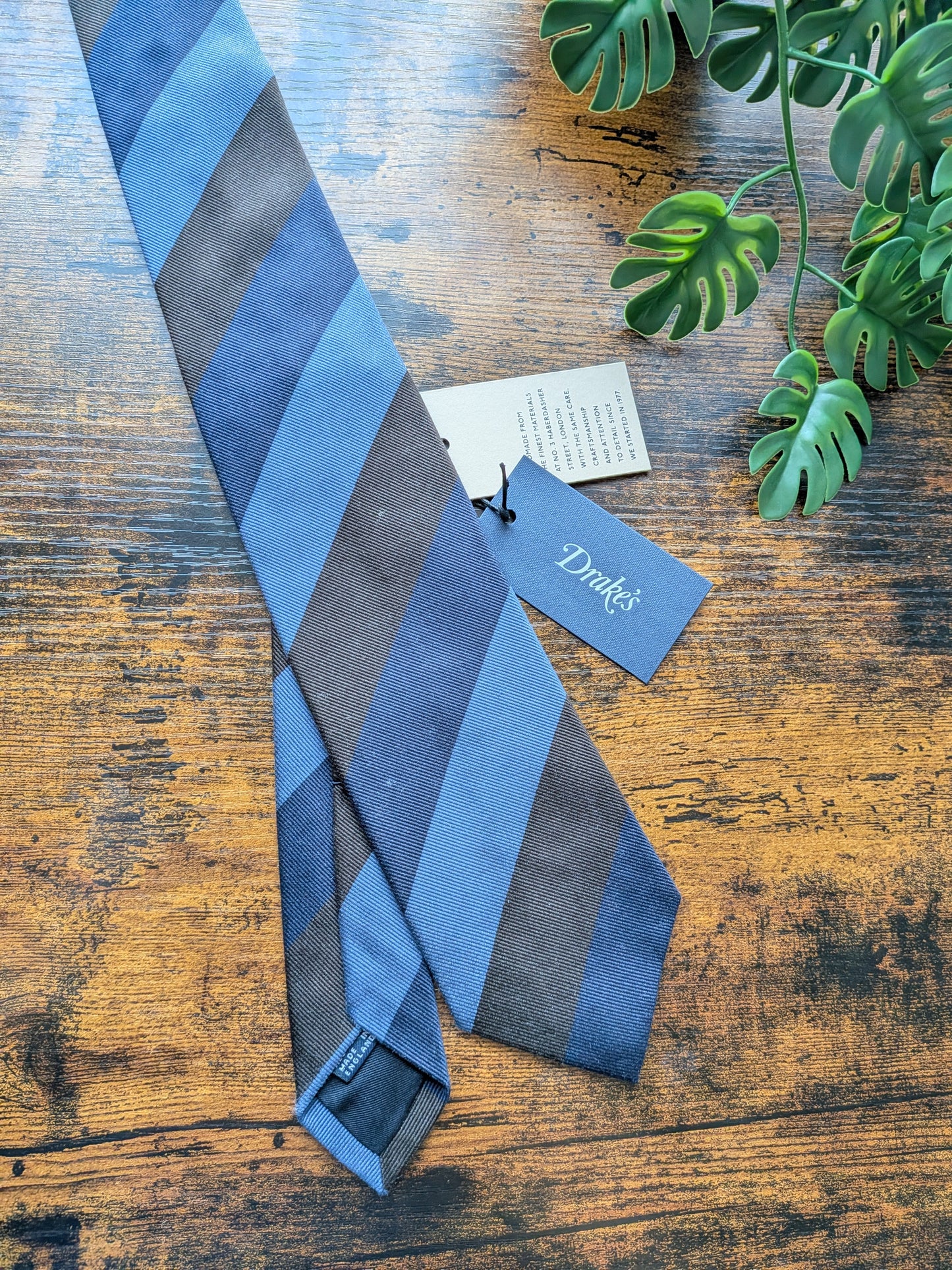 Drake's Navy, Blue and Brown Striped Handmade Silk Tie With Tag