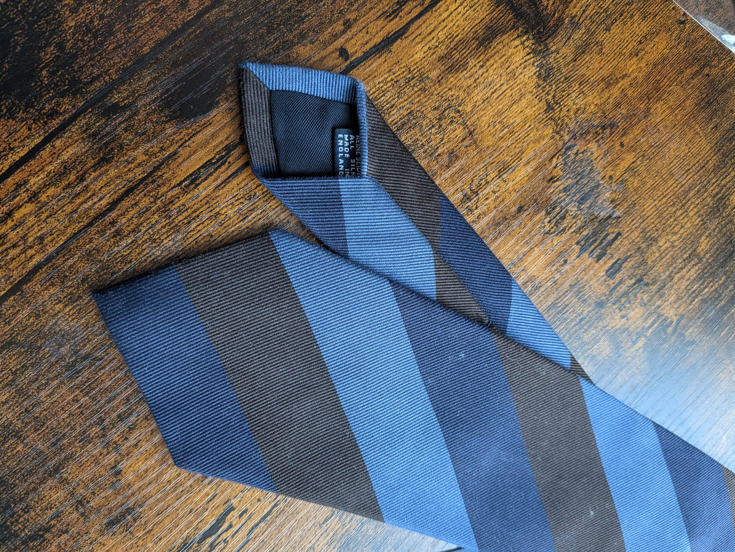 Drake's Navy, Blue and Brown Striped Handmade Silk Tie With Tag