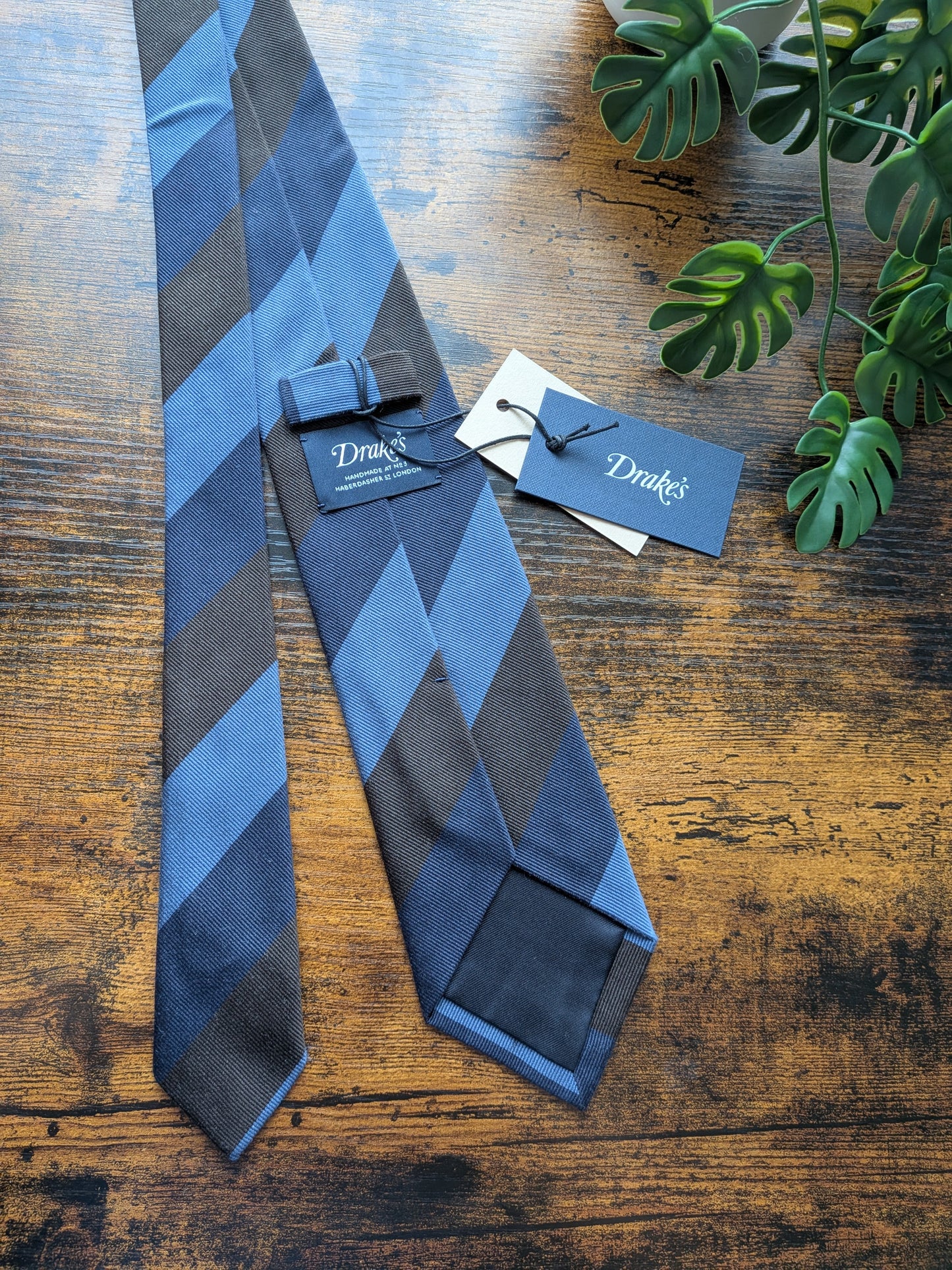 Drake's Navy, Blue and Brown Striped Handmade Silk Tie With Tag