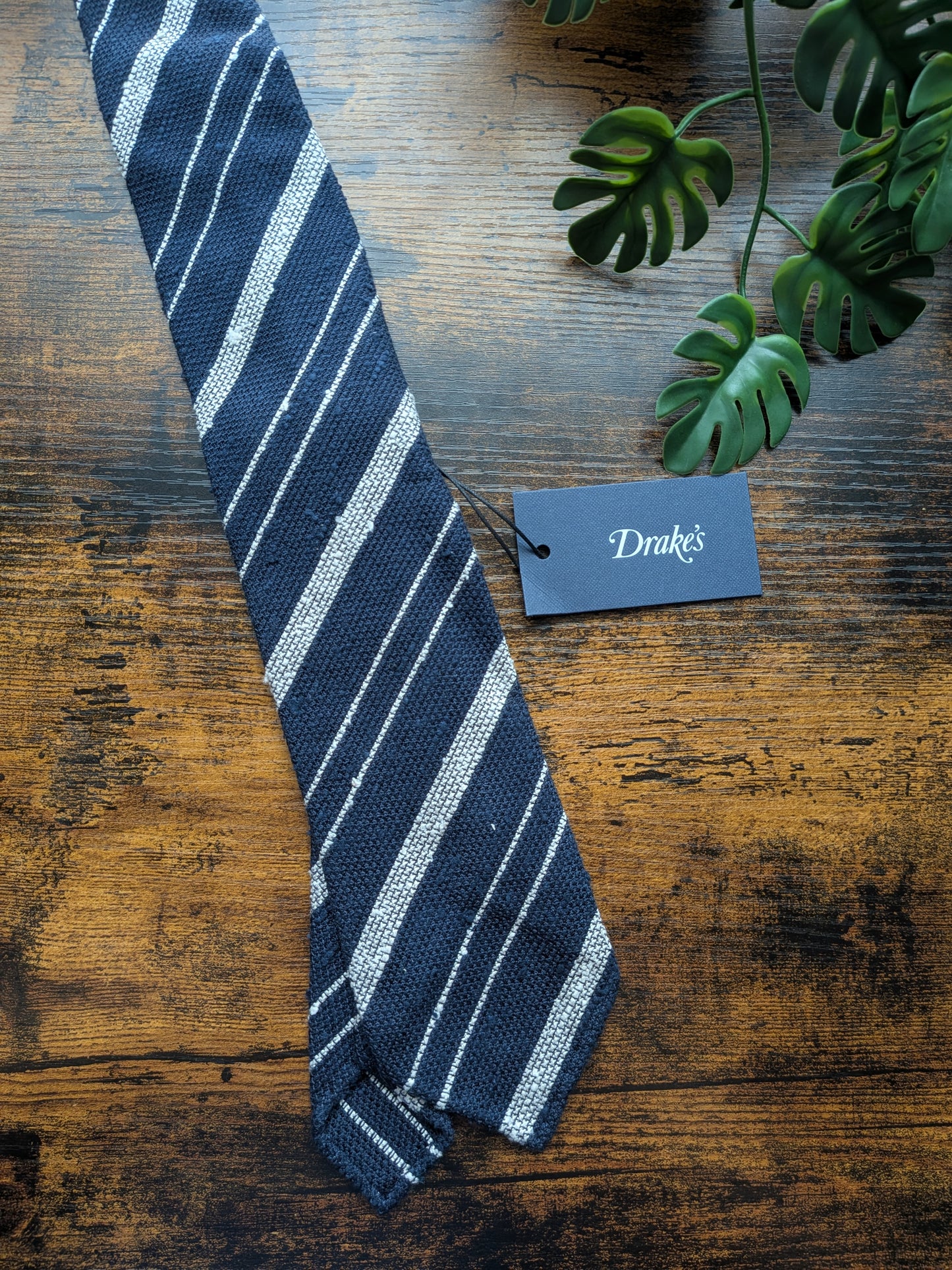 Drake's Navy and White Striped Handmade Silk Tie With Tag