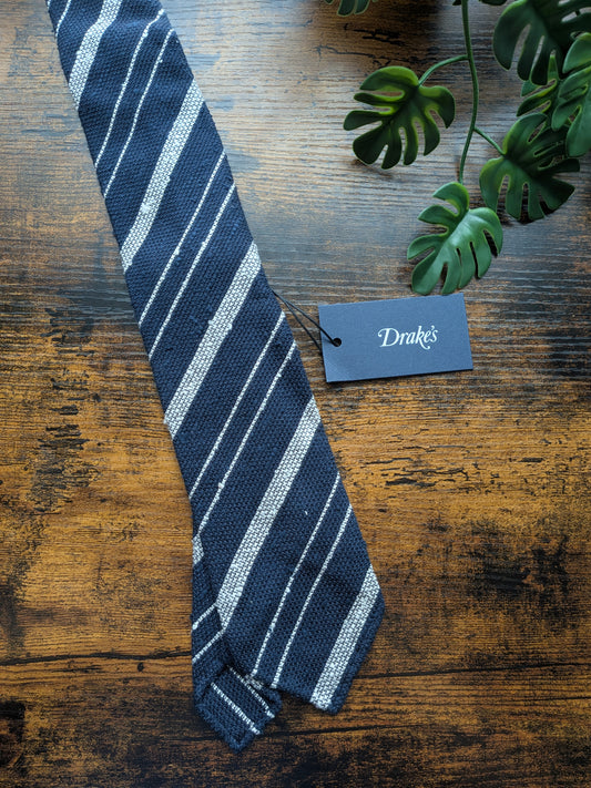 Drake's Navy and White Striped Handmade Silk Tie With Tag