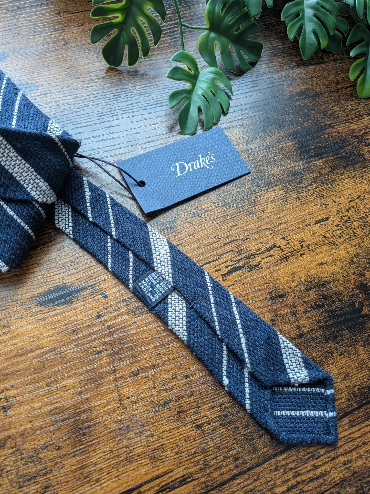 Drake's Navy and White Striped Handmade Silk Tie With Tag