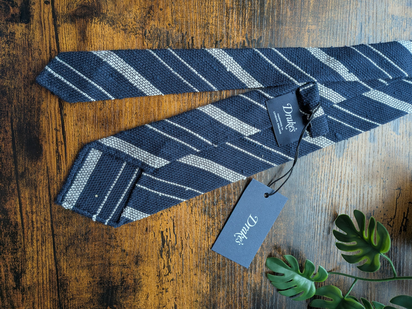 Drake's Navy and White Striped Handmade Silk Tie With Tag