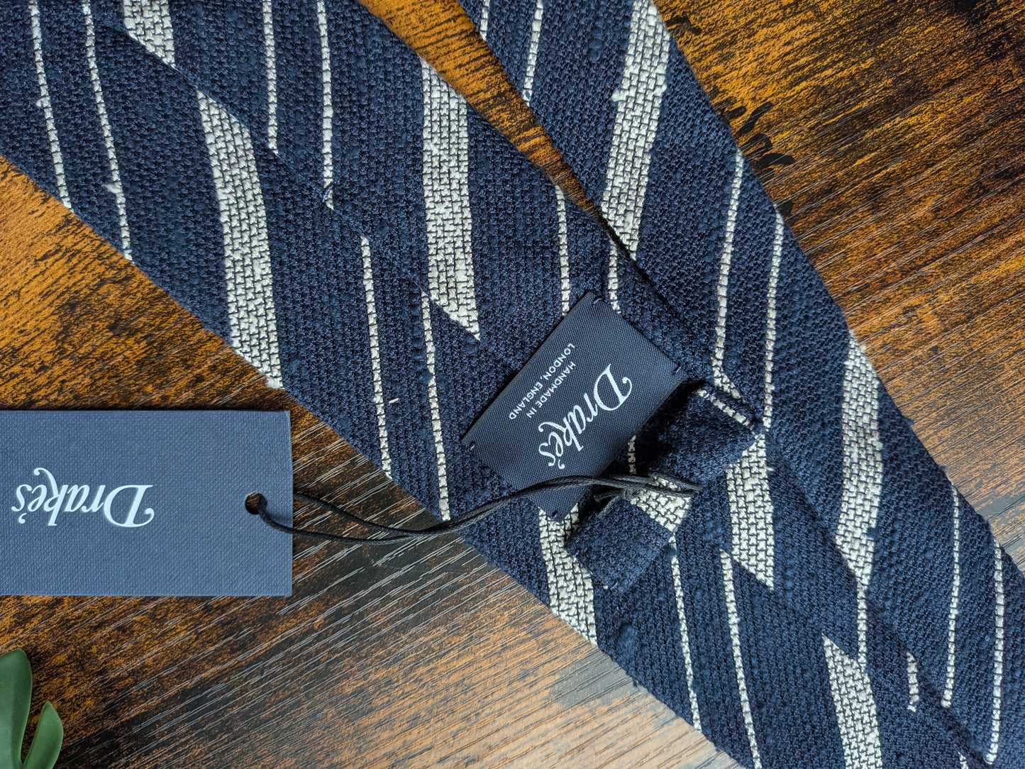 Drake's Navy and White Striped Handmade Silk Tie With Tag