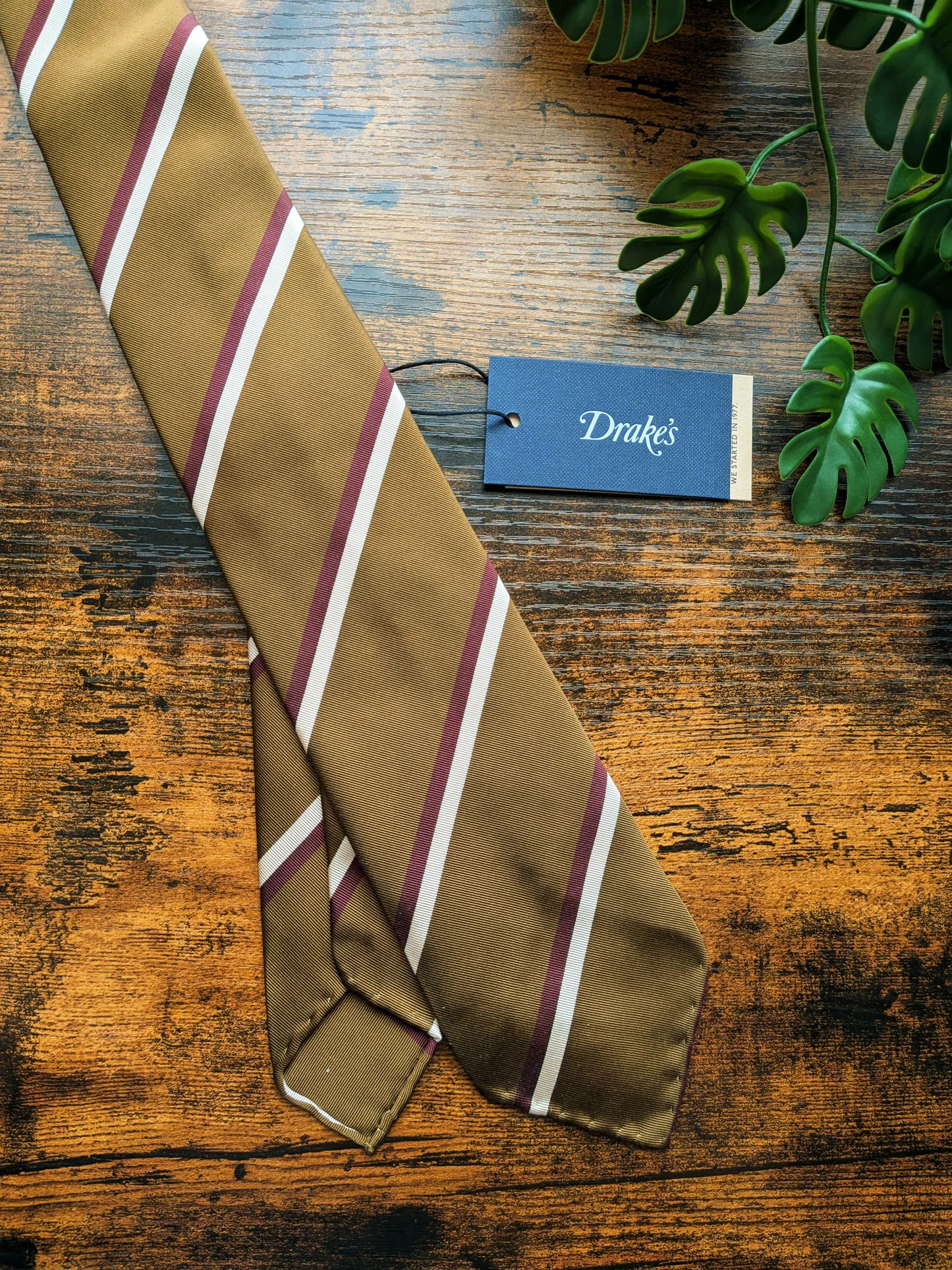Drake's Mustard Brown, Burgundy Striped Handmade Silk Tie With Tag