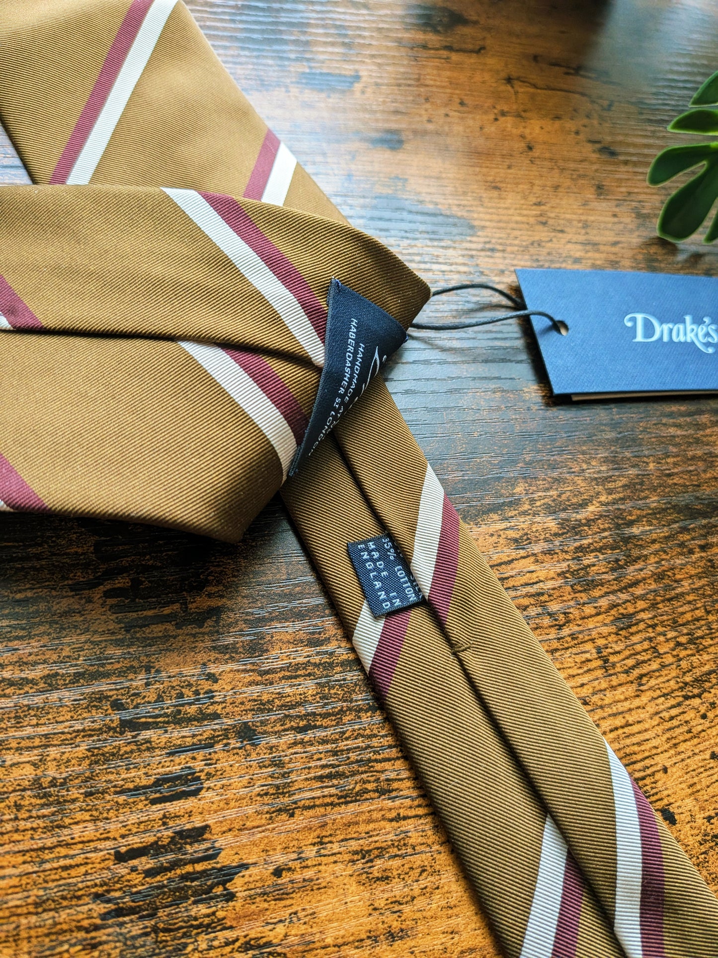 Drake's Mustard Brown, Burgundy Striped Handmade Silk Tie With Tag