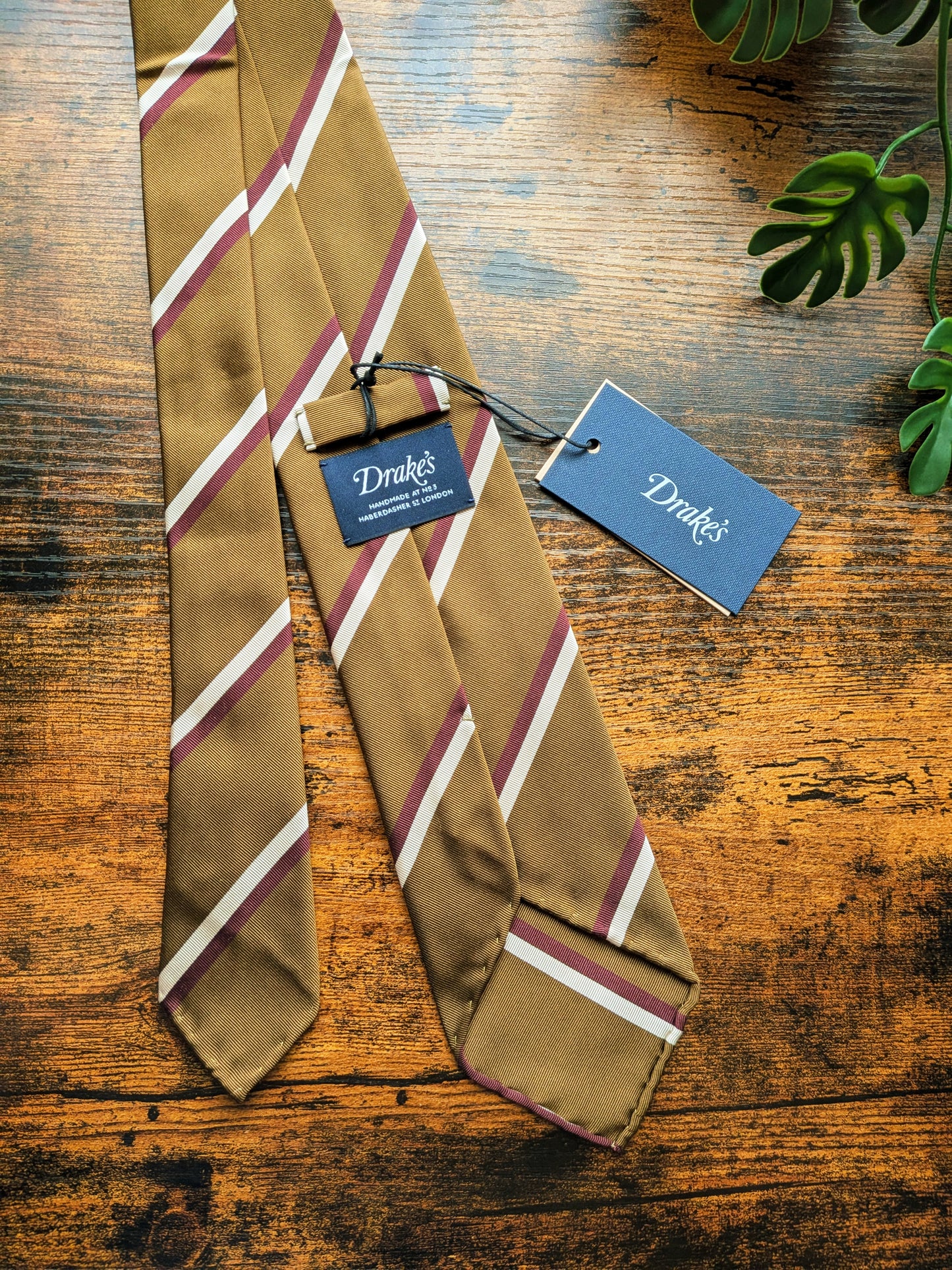 Drake's Mustard Brown, Burgundy Striped Handmade Silk Tie With Tag