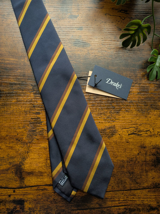 Drake's Navy, Yellow and Brown Striped Handmade Silk Tie With Tag