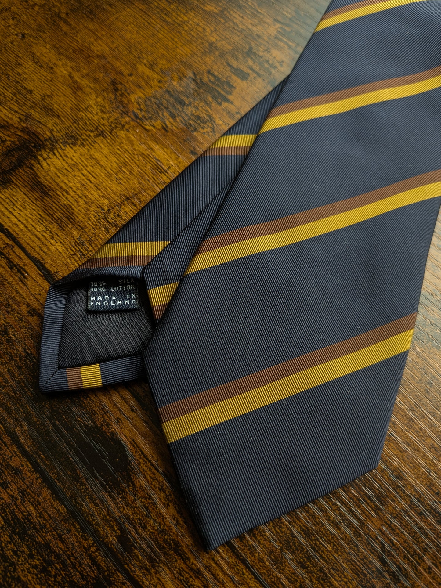 Drake's Navy, Yellow and Brown Striped Handmade Silk Tie With Tag