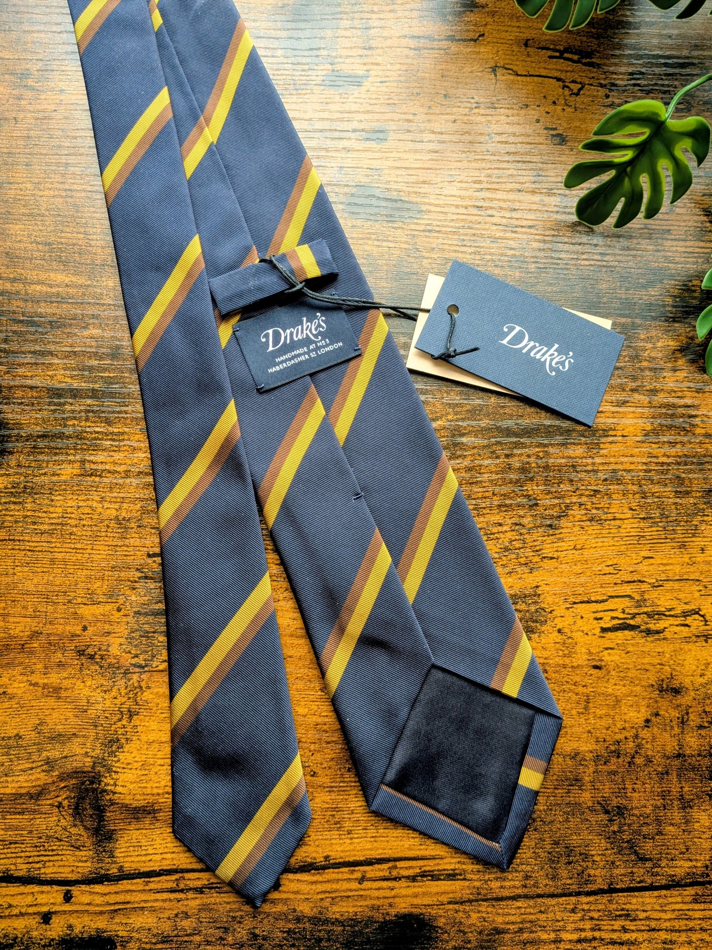 Drake's Navy, Yellow and Brown Striped Handmade Silk Tie With Tag