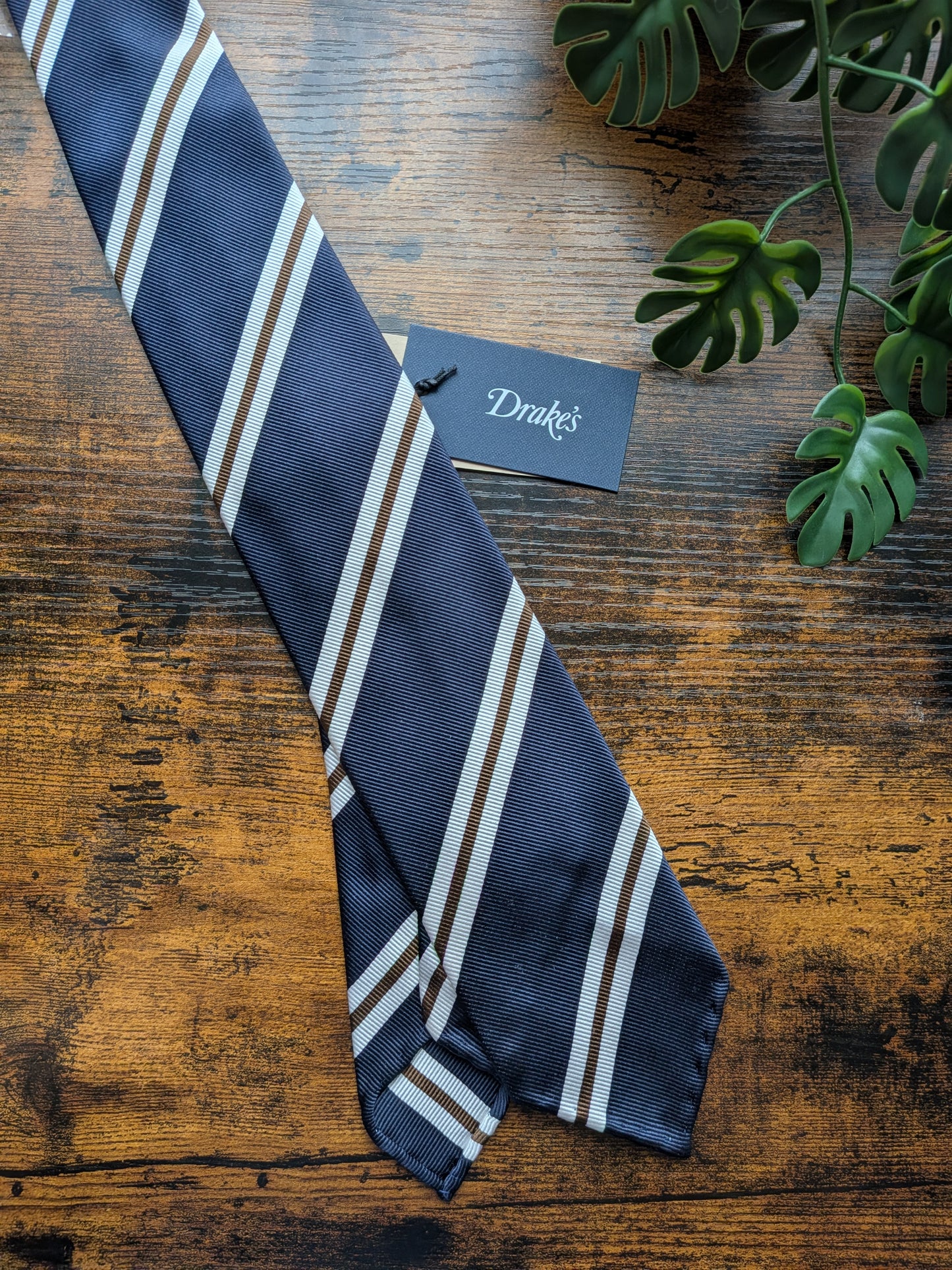 Drake's Navy, Brown and White Striped Handmade Silk Tie With Tag