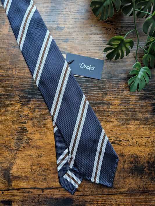 Drake's Navy, Brown and White Striped Handmade Silk Tie With Tag