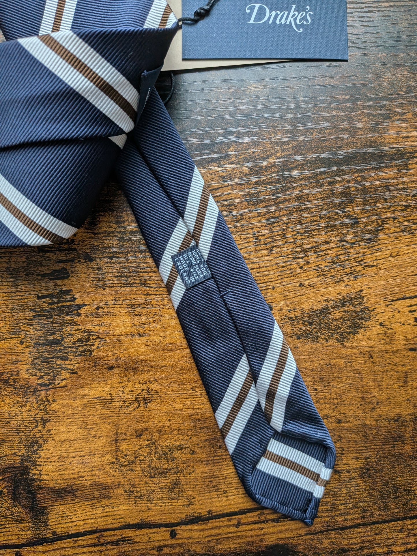 Drake's Navy, Brown and White Striped Handmade Silk Tie With Tag