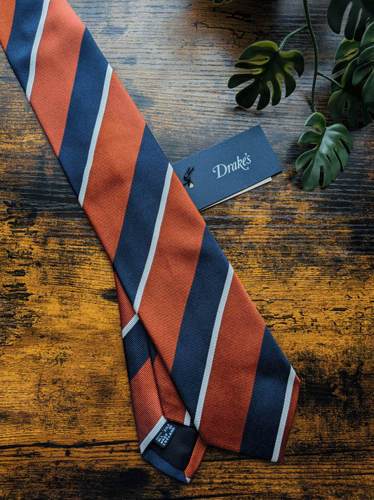Drake's Orange, Navy and White Striped Handmade Silk Tie With Tag