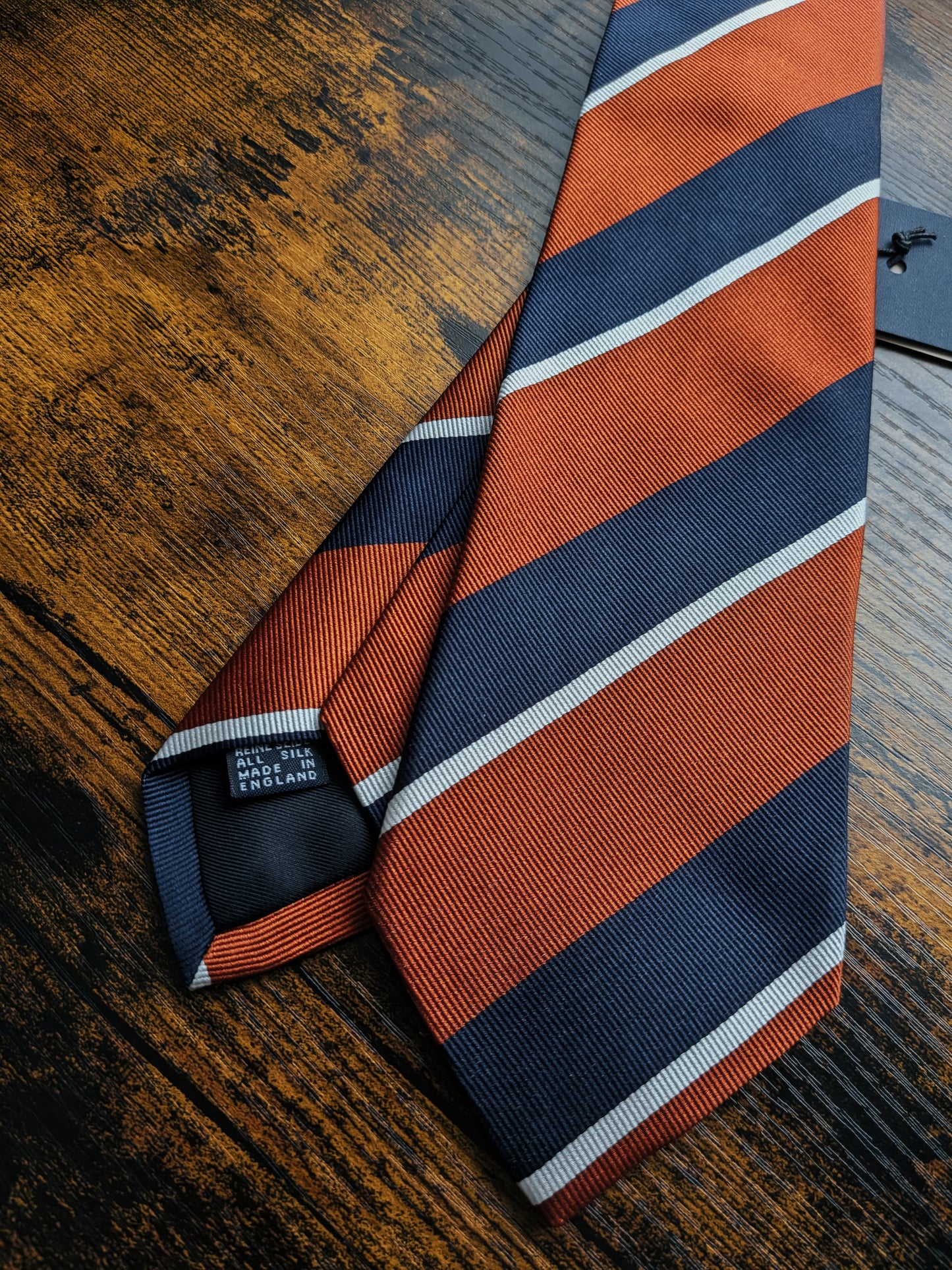 Drake's Orange, Navy and White Striped Handmade Silk Tie With Tag