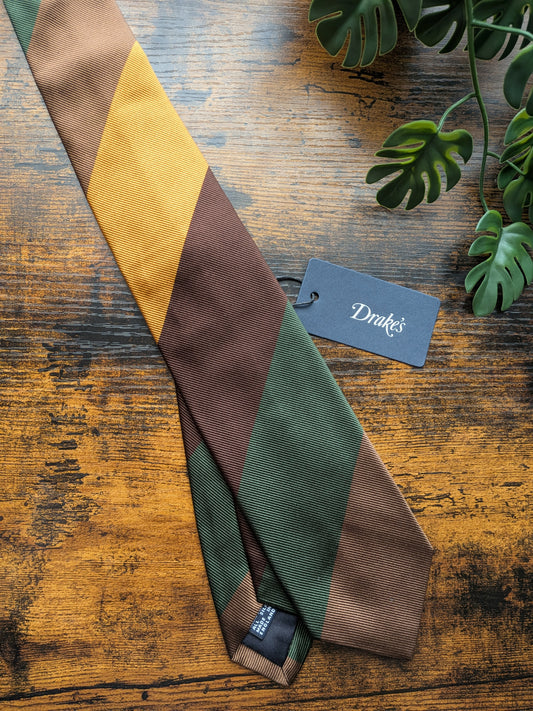 Drake's Brown, Green and Yellow Striped Handmade Silk Tie With Tag