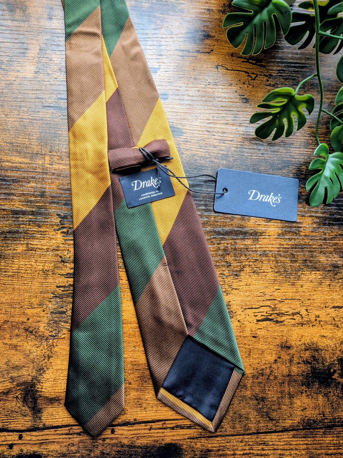 Drake's Brown, Green and Yellow Striped Handmade Silk Tie With Tag