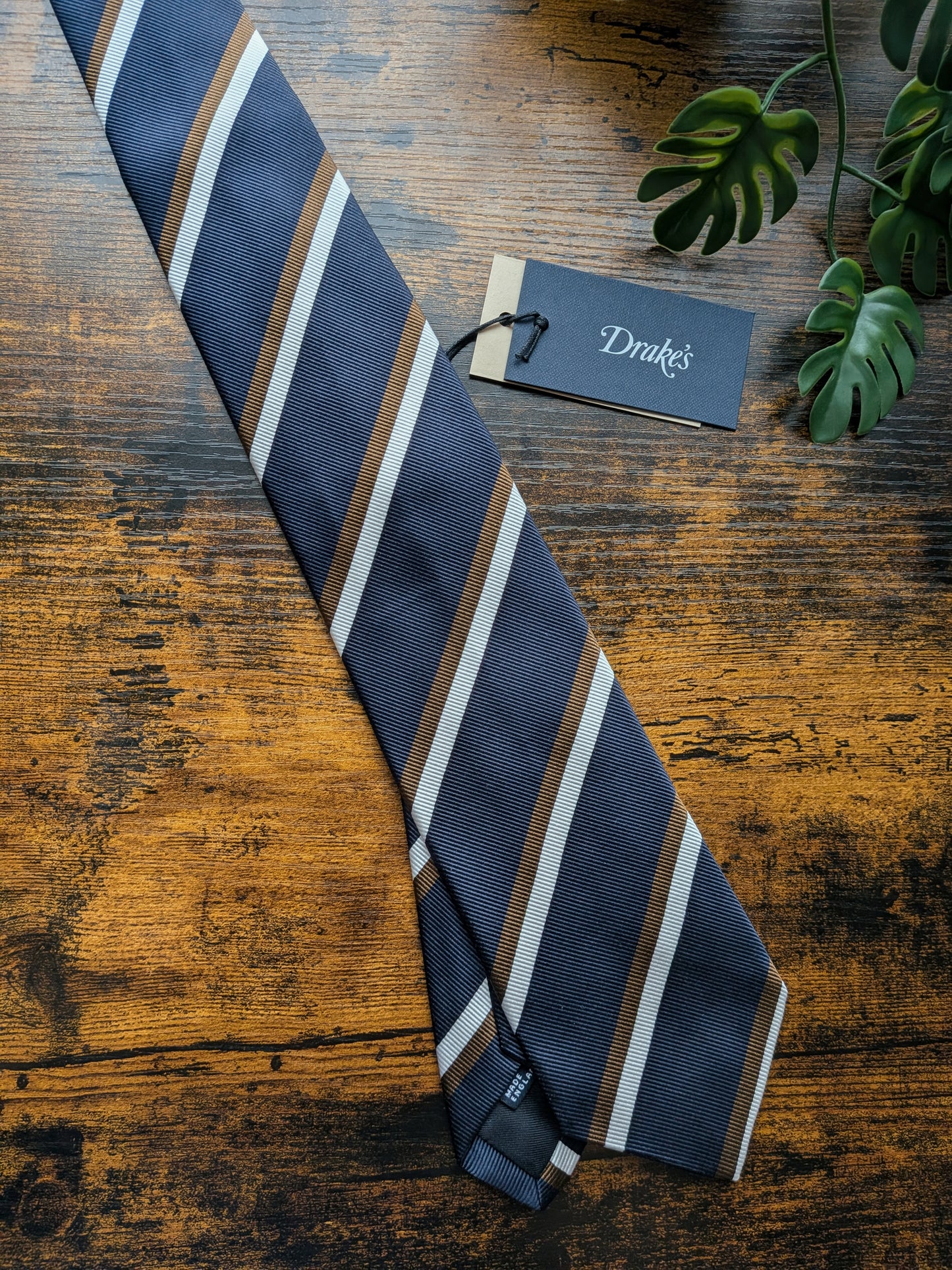 Drake's Navy, Brown and White Striped Handmade Silk Tie With Tag