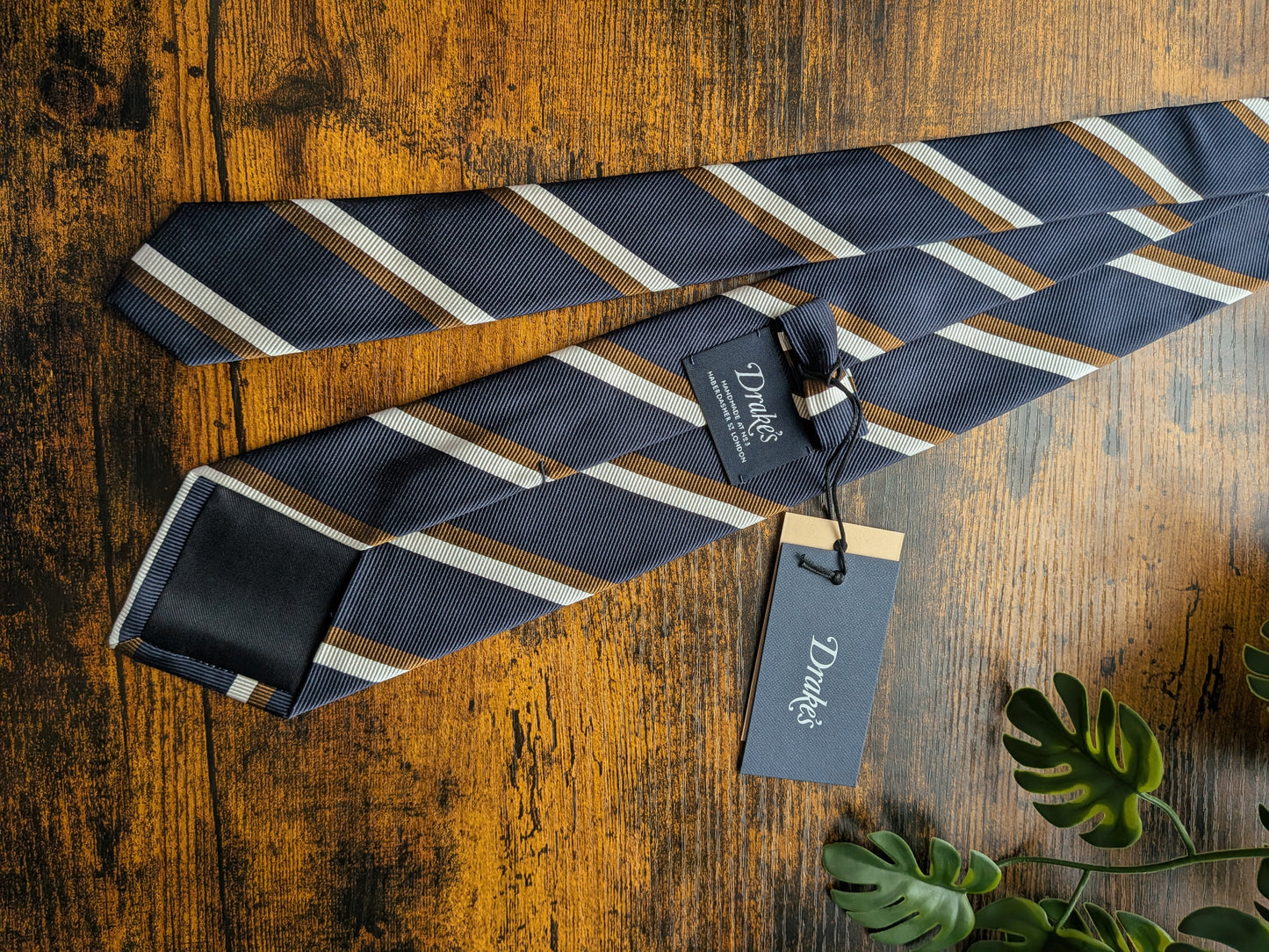 Drake's Navy, Brown and White Striped Handmade Silk Tie With Tag