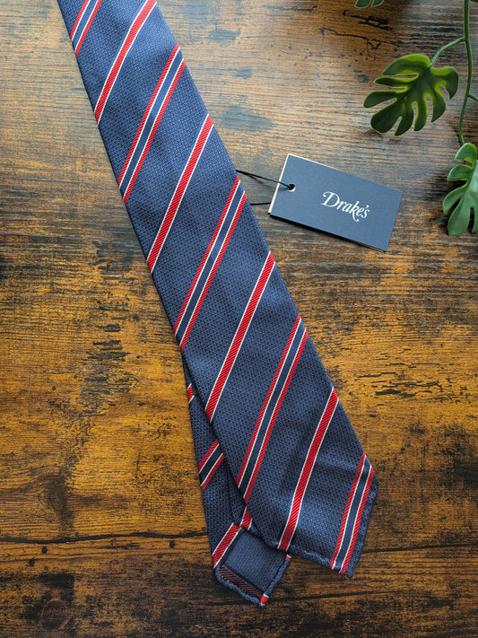 Drake's Navy, Red and White Striped Handmade Silk Tie With Tag