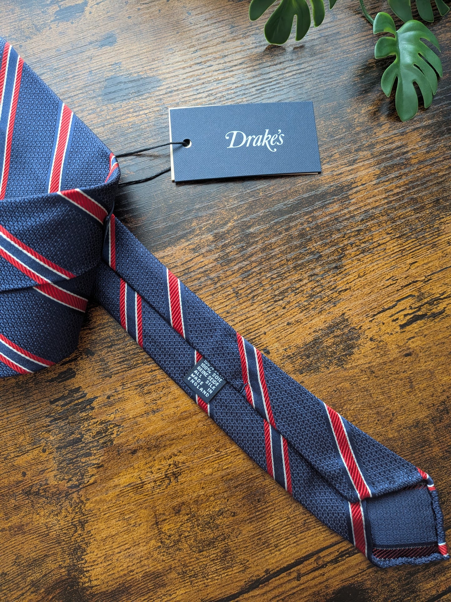 Drake's Navy, Red and White Striped Handmade Silk Tie With Tag