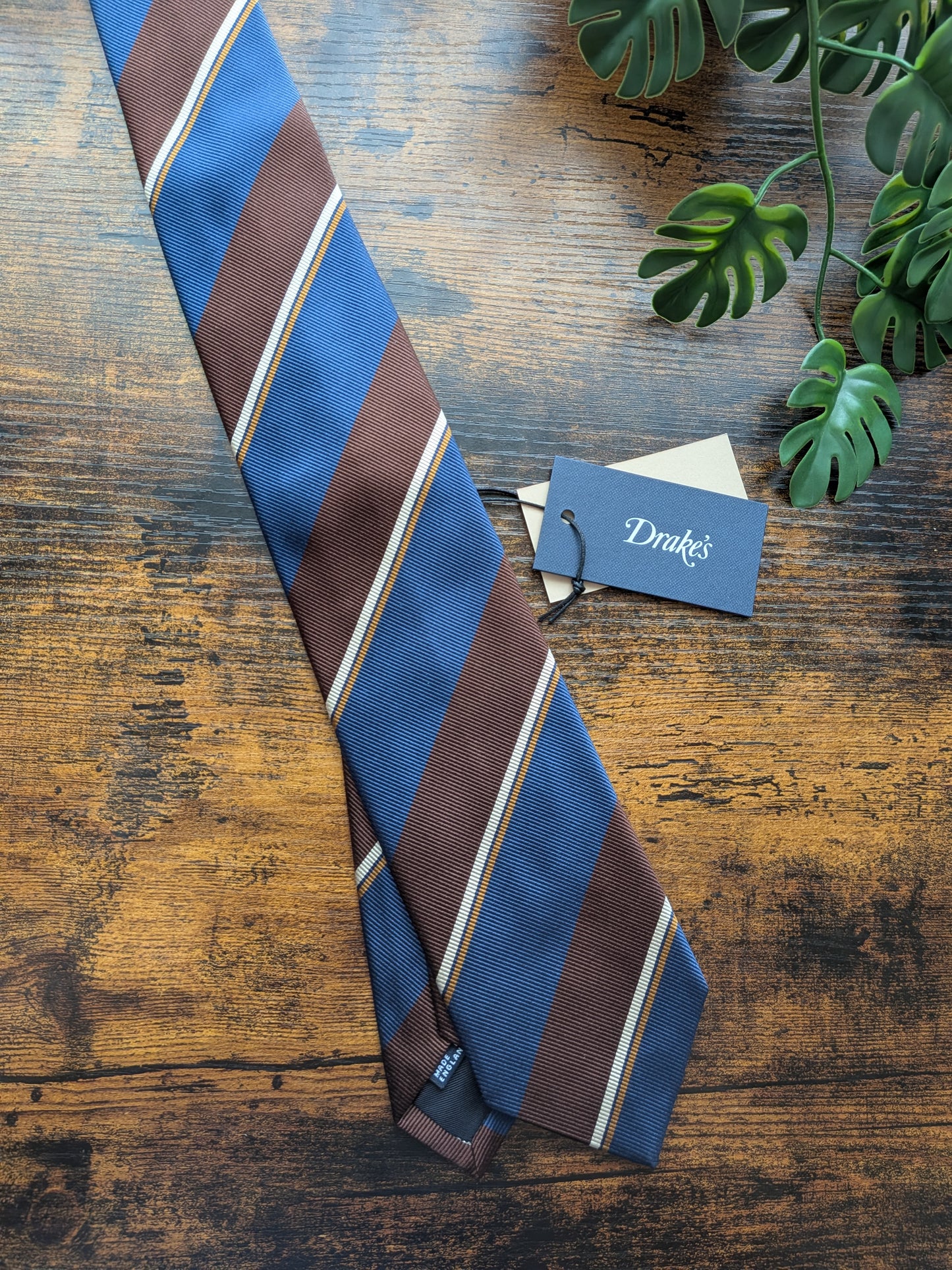 Drake's Brown, Yellow and Blue Striped Handmade Silk Tie With Tag