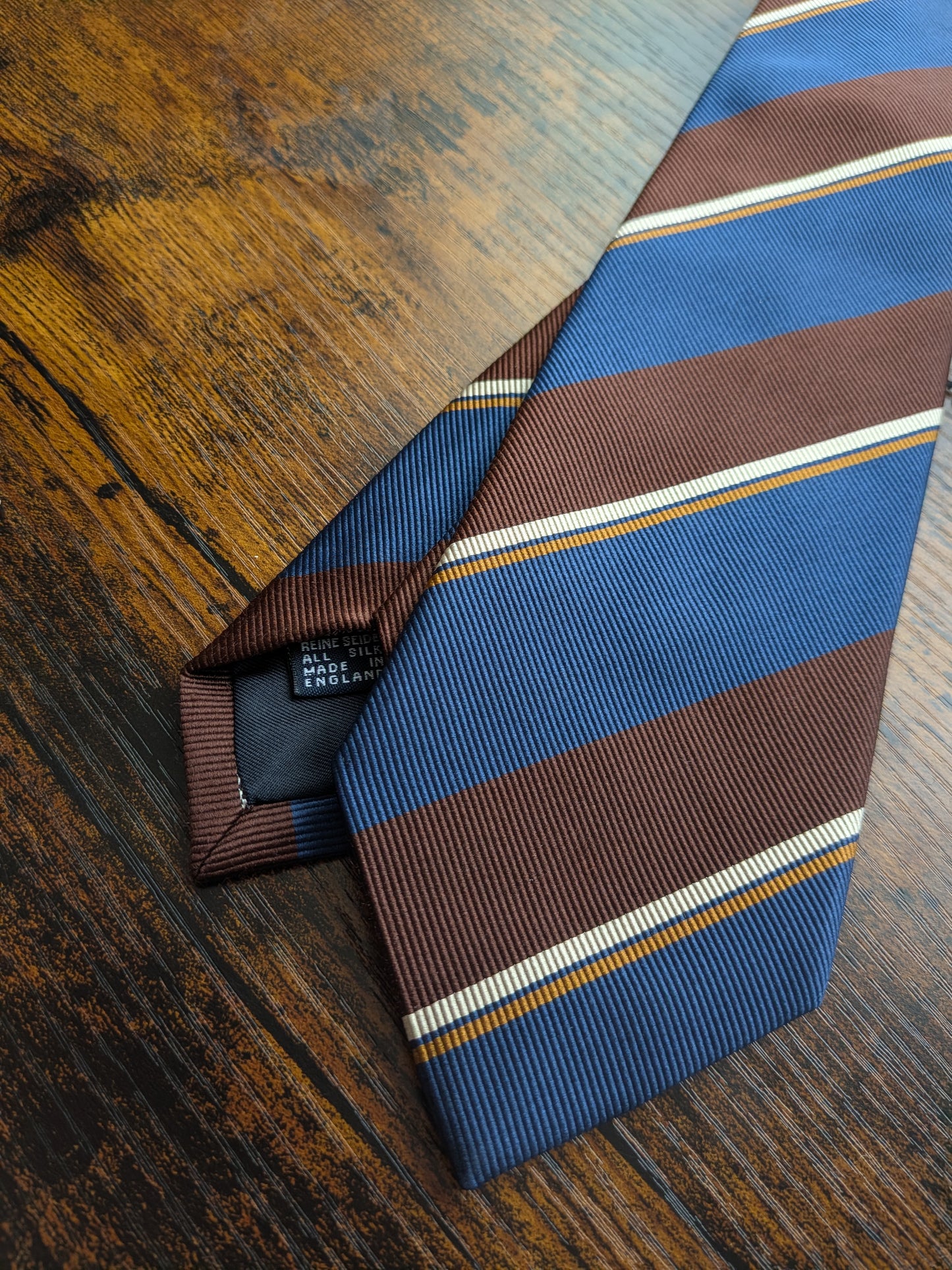 Drake's Brown, Yellow and Blue Striped Handmade Silk Tie With Tag