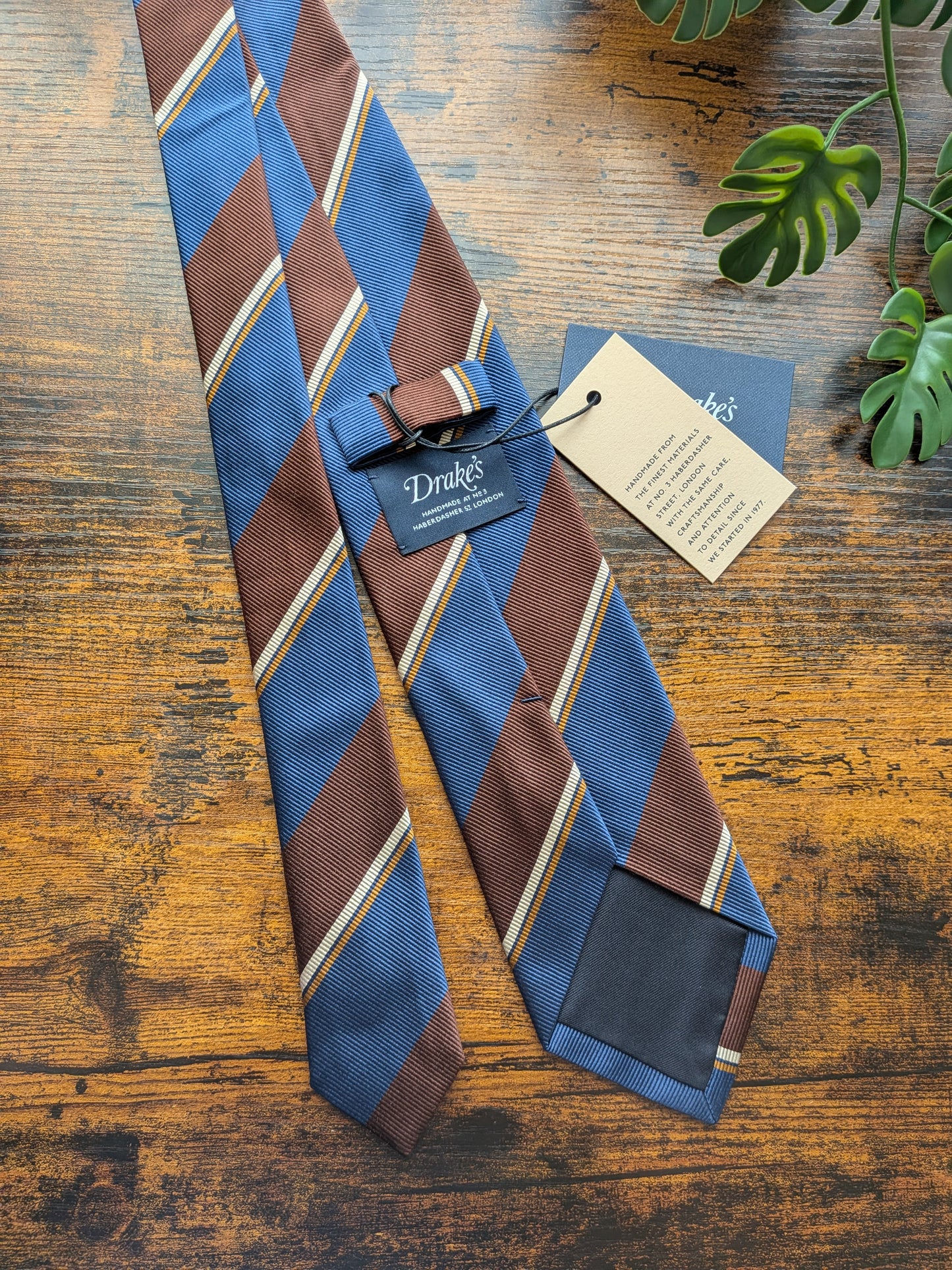 Drake's Brown, Yellow and Blue Striped Handmade Silk Tie With Tag