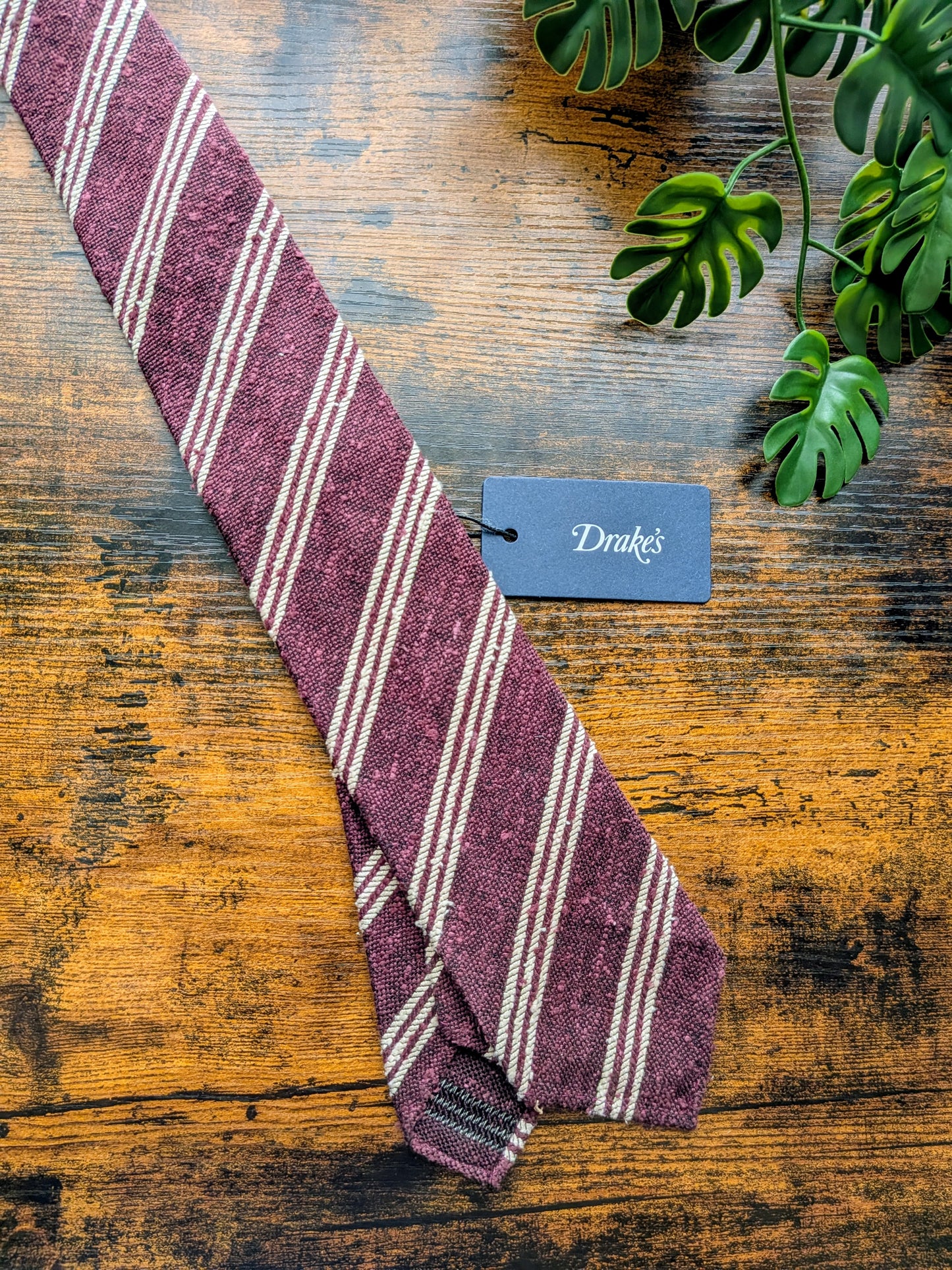 Drake's Burgundy and White Striped Handmade Tussah Silk Tie With Tag
