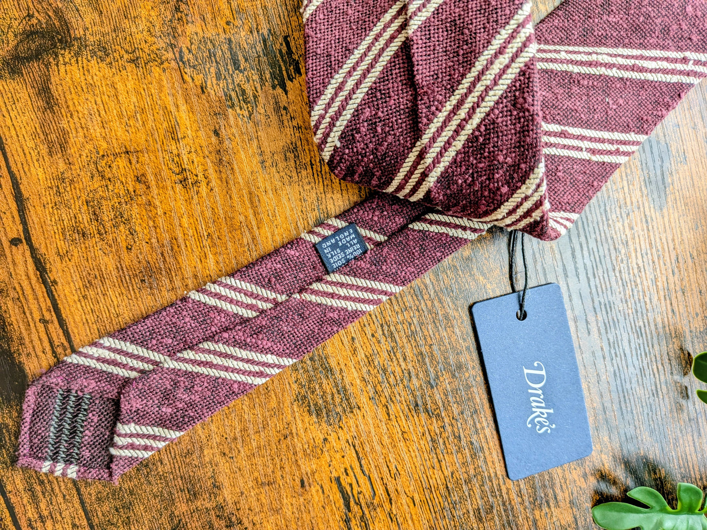Drake's Burgundy and White Striped Handmade Tussah Silk Tie With Tag