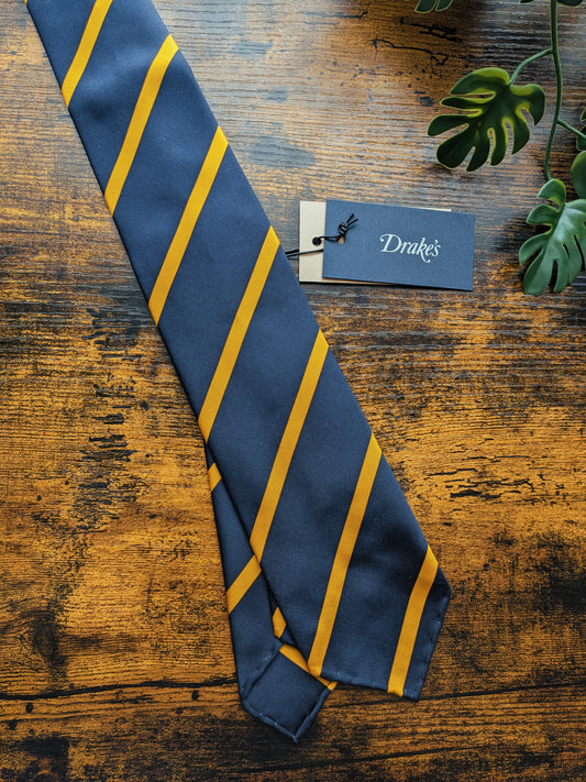 Drake's Navy and Yellow Striped Handmade Tussah Silk Tie With Tag