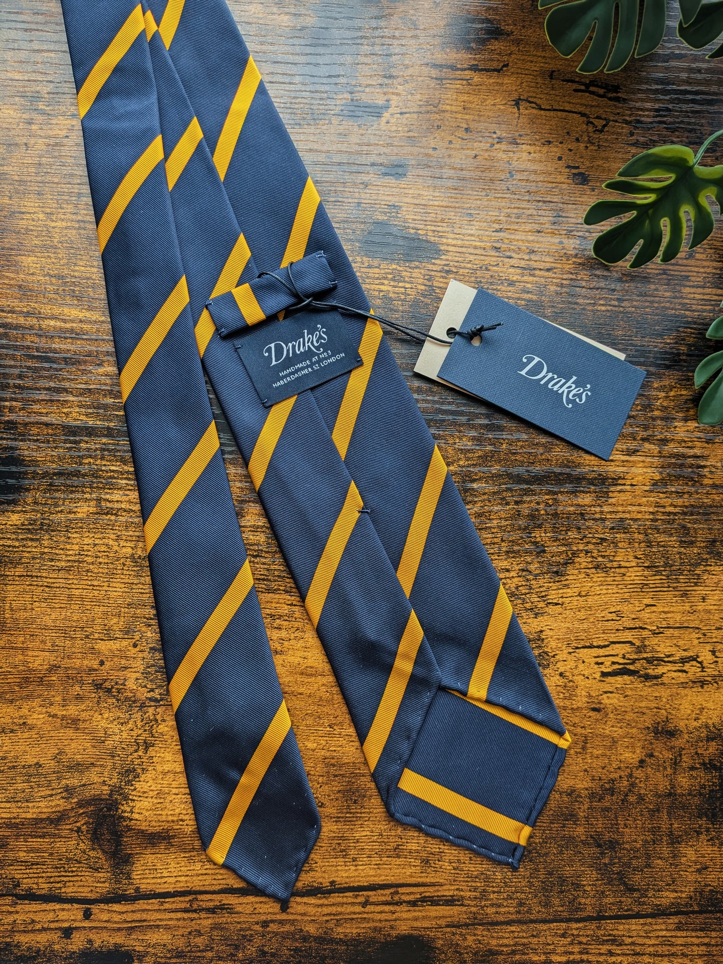 Drake's Navy and Yellow Striped Handmade Tussah Silk Tie With Tag