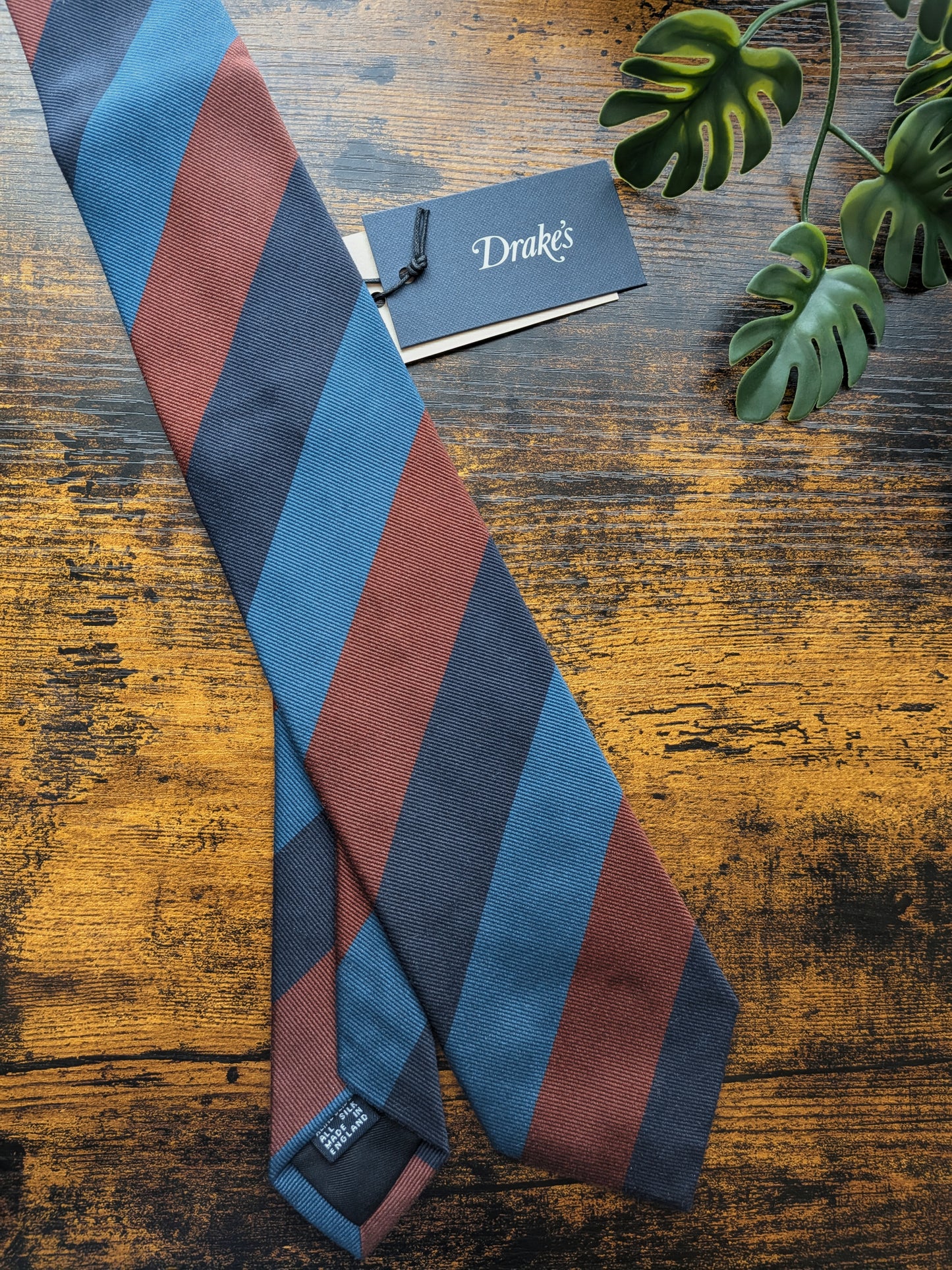 Drake's Navy, Blue and Brown Striped Handmade Silk Tie With Tag