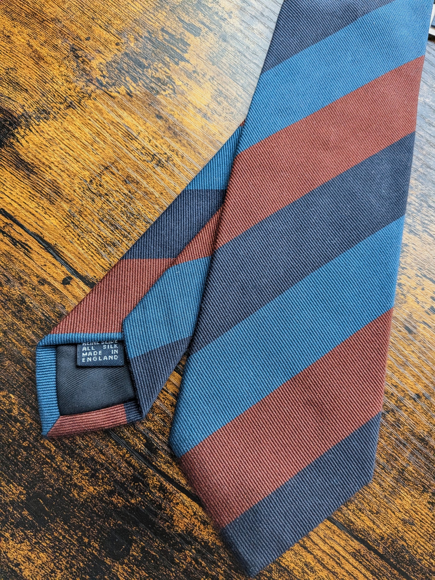 Drake's Navy, Blue and Brown Striped Handmade Silk Tie With Tag