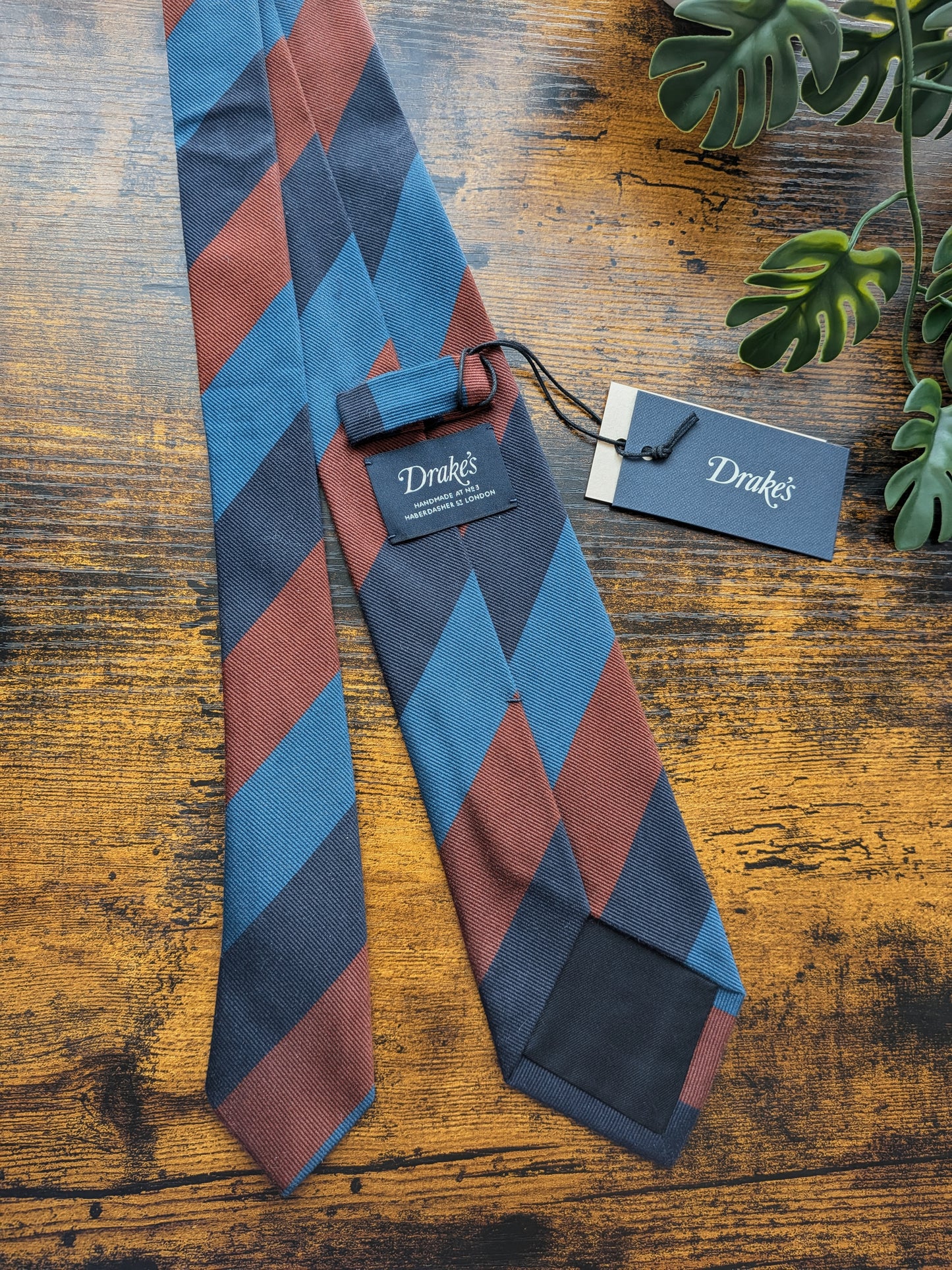 Drake's Navy, Blue and Brown Striped Handmade Silk Tie With Tag