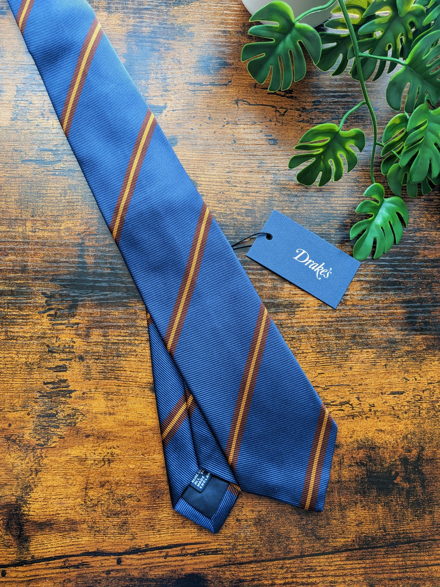 Drake's Blue, Brown and Yellow Striped Handmade Silk Tie With Tag